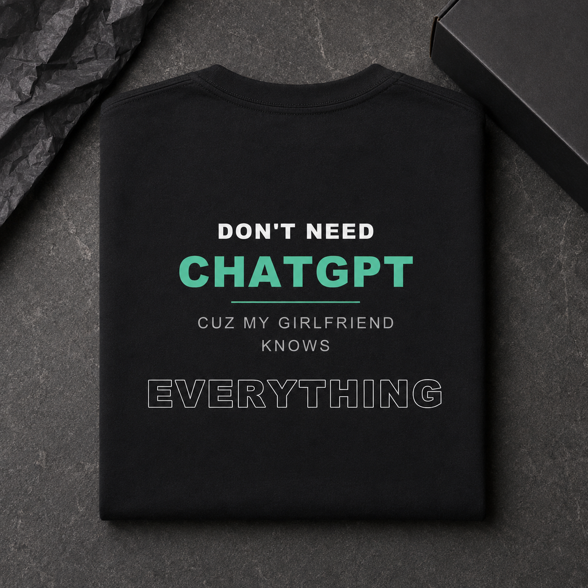 Don't Need ChatGPT black T-shirt — premium flat lay