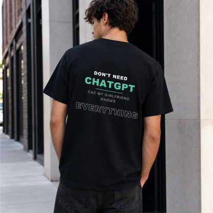 Man wearing Don't Need ChatGPT black T-shirt — back view