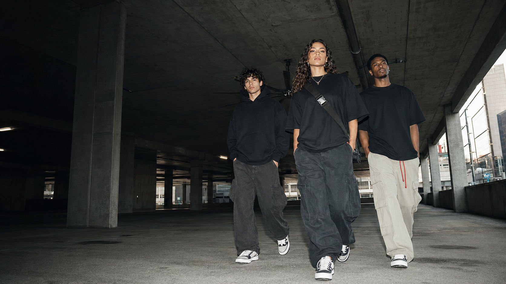 GrilBoss Gen Z streetwear campaign in a concrete city setting